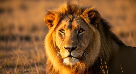 Fototapeta premium Majestic Lion's Gaze: The king of the savanna commands attention with a direct, piercing gaze, the golden light of the setting sun illuminating his regal mane and powerful presence.