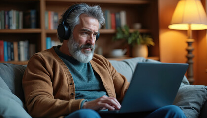Mature man listens music in headphones working on laptop at home. Senior freelancer types on keyboard while sitting on couch. Man surfs internet in living room uses notebook.