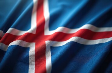 Fototapeta premium Textured Icelandic national flag features vibrant blue, red, white colors. Displays Nordic cross design. Fabric gently waves, showing detail. Emblem proudly Iceland rich culture, heritage, national