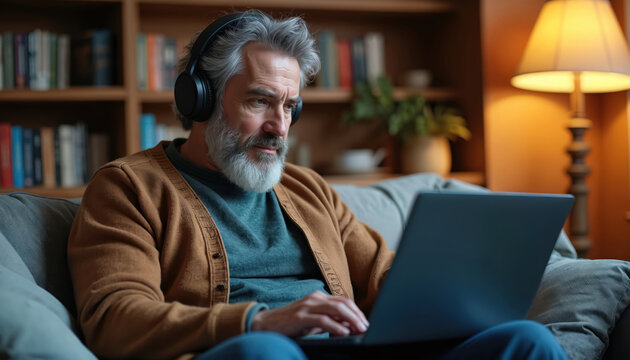 Mature man listens music in headphones working on laptop at home. Senior freelancer types on keyboard while sitting on couch. Man surfs internet in living room uses notebook. - Powered by Adobe