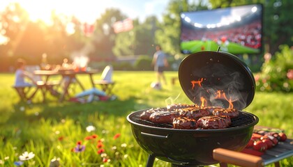 A sunny backyard scene depicting a barbecue with food grilling as friends and family enjoy the warm weather and watch a game