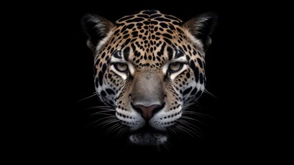 Obraz premium Close up portrait of a jaguar face with black background.