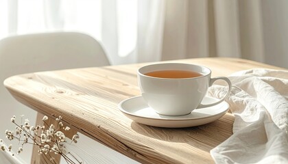 Fototapeta premium Delicate white teacup filled with amber liquid rests on a rustic wooden table bathed in soft morning sunlight with sheer curtains in the background and white lace draped nearby