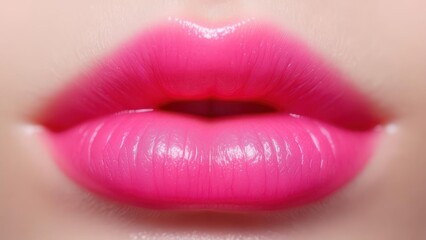 Close-up of vibrant pink glossy lips with a smooth, reflective texture, showcasing a bold and attractive makeup look.