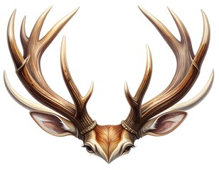 A symmetrical illustration showing the majestic antlers of a stag against a clean white background. The detail includes the face