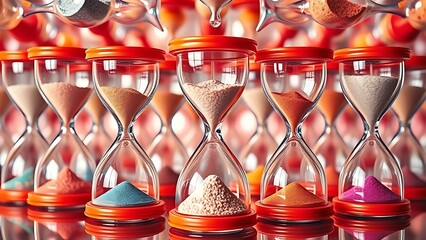 Fototapeta premium Colorful overlapping hourglasses with upward-flowing sand, depicting the unique perception of time in ADHD.