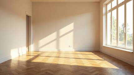Sunlight streams through a large window illuminating an empty room with light wood floors and crisp white walls, ready for new beginnings.