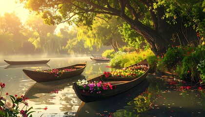 Obraz premium Serene River Scene with Boats and Lush Greenery at Sunrise.