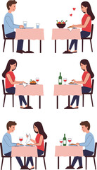 Couple dining, romantic restaurant, food and wine, menu choice, cartoon style, love moment, dinner date