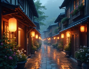 Fototapeta premium Traditional Japanese street with lanterns and flowers, wet from evening rain. Wooden buildings line the cobbled path. Soft light glows from paper lamps, creating a peaceful, reflective atmosphere.