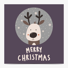 Merry Christmas - cute minimalist greeting card, postcard, invitation with an adorable reindeer on a snowy blue and purple background, vector illustration