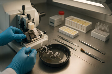 Photorealistic pathology lab, histotechnologist at bench preparing tissue cassettes beside tissue processor, stainless steel worktop, labeled but anonymized containers, soft overhead lab lighting