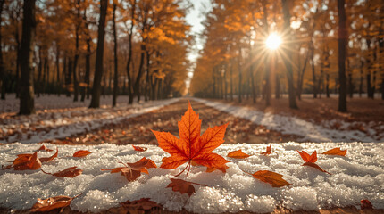 Autumn leaves and early snow on a forest path with sunbeams