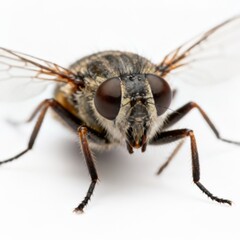 Close-up macro shot of a housefly insect on a white background, detailed view of wings, eyes and body texture, insect macro photography, entomology concept, natural science, high resolution, minimalis