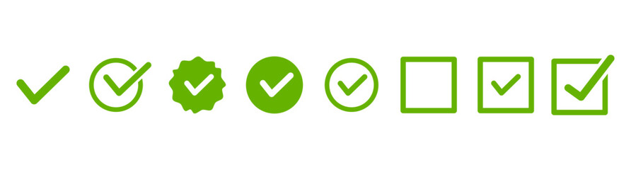 Collection of green checkmarks in various shapes and styles