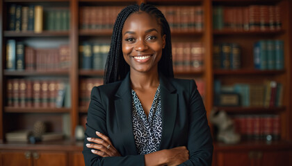 Confident Black woman lawyer poses in office. She smiles arms crossed in front of books. Attorney at law firm represents cases in court. Professional, legal counsel.
