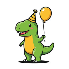Obraz premium Cute Cartoon T-Rex Dinosaur Wearing a Party Hat and Holding a Yellow Balloon.