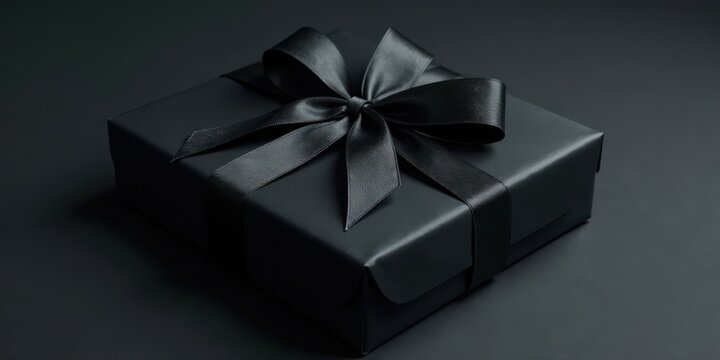 A luxuriously wrapped, enigmatic black gift box adorned with a sophisticated satin ribbon, a perfect symbol of mystery and elegance.