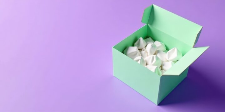 A mint green box overflowing with fluffy white confectionery delights on a lavender background.