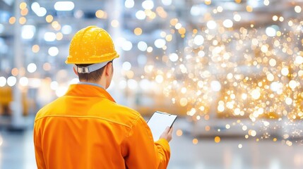 Factory Inspection: A worker in protective gear and helmet carefully examines the factory floor, equipped with a tablet to monitor the environment. The image symbolizes precision, diligence.