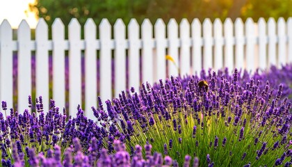 A sunny day reveals a vibrant lavender field beside a crisp white picket fence, with a blurred background, creating a classic, idyllic scene