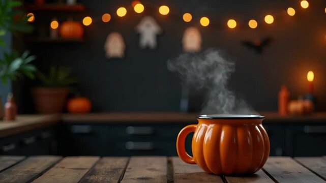 Orange pumpkin-shaped mug with steam on wooden table with dark kitchen background with candles, ghost and bat garlands in cozy halloween dark kitchen. Concept of decoration, cafe, seasonal event.