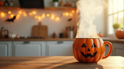 Orange pumpkin-shaped mug with steam rising on wooden table surrounded by blurred kitchen background with warm garland, bats silhouette . Concept of cafe, halloween decoration, seasonal event.