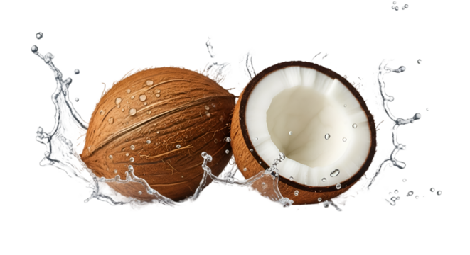 Coconut Halved with Water Splash on Black Background