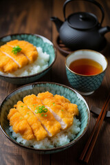 Tonkatsu with rice, miso soup on the side, and a small cup of hot tea