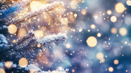 Sparkling Winter Wonder: Illuminated by a soft glow, frost-kissed evergreen boughs and falling snowflakes set a tranquil stage for seasonal bliss and the magic of the moment.