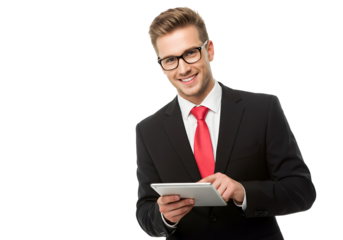 Confident businessman in suit and tie holding a tablet on a white background