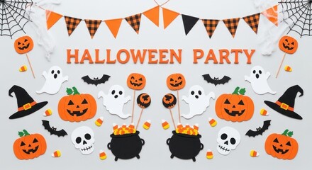 Naklejka premium Vector art of halloween party decoration with pumpkins, ghosts, bats, and witch hats on