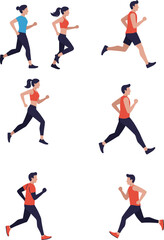 Running poses illustration, athletic motion, jogging figures, fitness activity, sportswear, dynamic stride, workout scene, exercise art