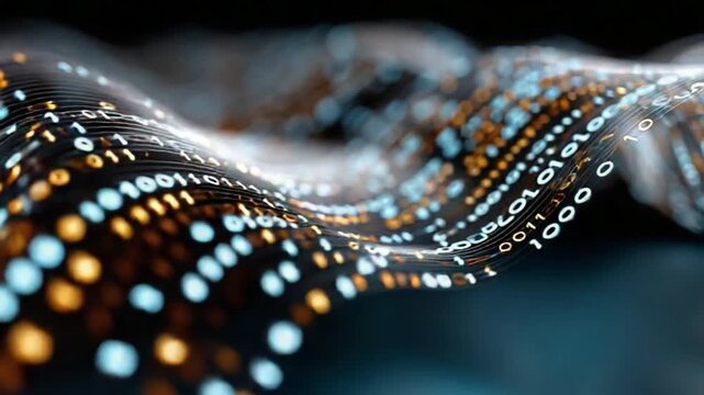 Digital Data Stream: A mesmerizing visualization of digital data streams, represented by binary code, flowing like waves, signifying the complex nature of information and the digital age.