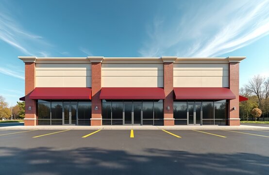 New modern strip mall building with three empty retail storefronts. Red awnings cover large glass windows. Parking lot with yellow lines in front awaits customers. Bright clear blue sky above.