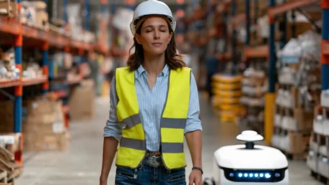 Warehouse Supervisor: An industrious worker, donned in a safety vest and helmet, navigates a warehouse, embodying efficiency and technological integration.