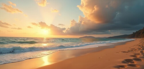 Fototapeta premium Scenic photo of Sylt beach at sunset. Calm ocean waves meet golden sand. Dramatic sky with clouds reflects sunlight. A serene travel destination for relaxation.