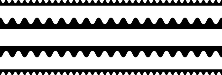 Circular edge seamless border shape set, scalloped border. Seamless vector marine wave decoration pattern isolated on white background.