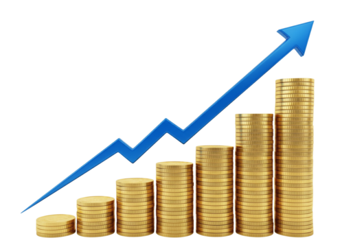 Golden Coin Bar Graph with Upward Blue Arrow isolated transparent