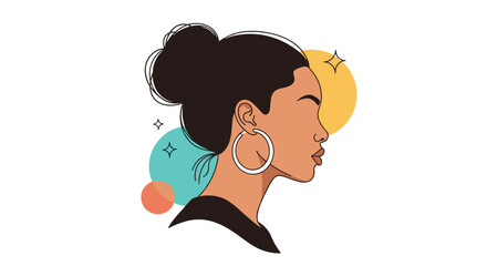 Obraz premium Illustration of a young woman's profile with abstract colorful shapes in the background.