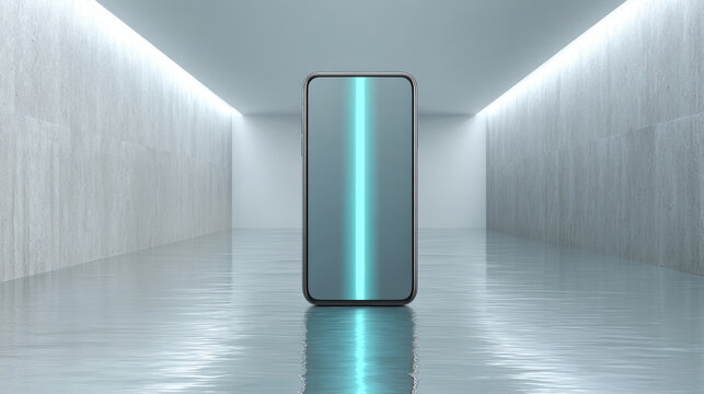 A sleek, modern smartphone with a glowing blue line on its screen is displayed in an empty room with reflective floors and walls illuminated by bright lights