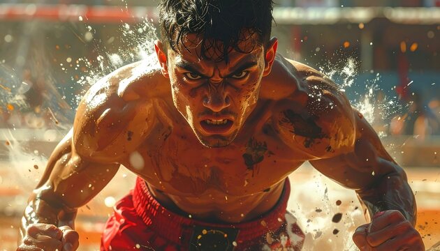 A determined fighter in the ring, face contorted with rage, sweat and water spraying. Muscles and grit are on display in the arena