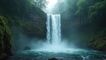 Naklejka premium Stunning waterfall cascades down rocks within vibrant green forest. Water flows into refreshing turquoise pool surrounded by rich vegetation. Scene evokes peace and connection with nature beauty.