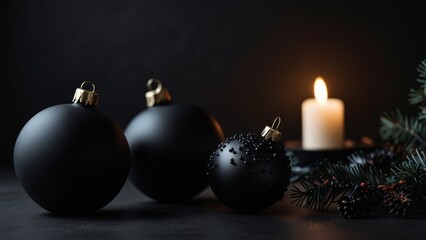 Minimalist Black Christmas Ornaments Dark Holiday Decor, Matte Baubles, and Fir Branches_11