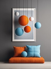 Spheres hanging near framed art, pillows. Minimal, clean