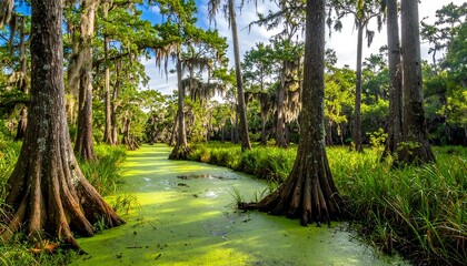 A verdant swamp scene showcases sunlight filtering through trees, reflections, with moss draping branches. A central waterway glistens