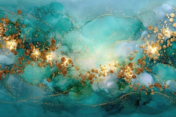 Abstract turquoise and gold swirls with sparkling particles.