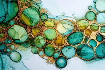 Organic fluid art with emerald green and gold blobs and flowing lines.
