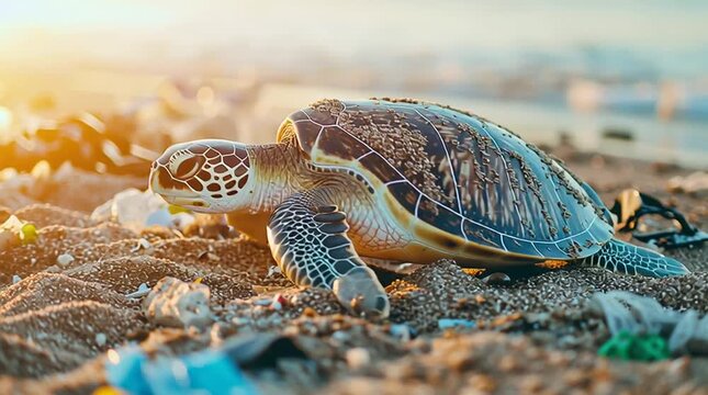 Sea turtle crawling across a sandy beach covered with plastic waste. The warm golden sunset contrasts with the environmental pollution around it.