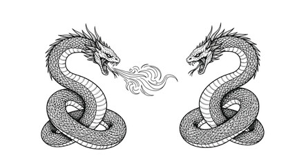 Fototapeta premium Two detailed black and white drawings of mythical dragons facing each other exchanging fiery breath in the center of the image.